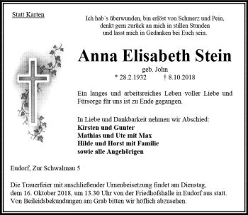 Traueranzeige von Anna Elisabeth Stein von VRM Trauer