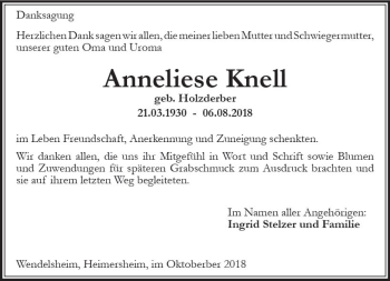 Traueranzeige von Anneliese Knell von vrm-trauer