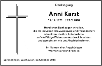 Traueranzeige von Anni Karst von vrm-trauer