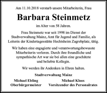 Traueranzeige von Barbara Steinmetz von vrm-trauer