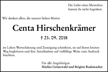Traueranzeige von Centa Hirschenkrämer von vrm-trauer