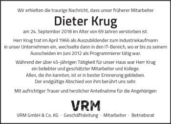 Traueranzeige von Dieter Krug von vrm-trauer