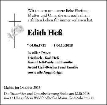Traueranzeige von Edith Heß von vrm-trauer