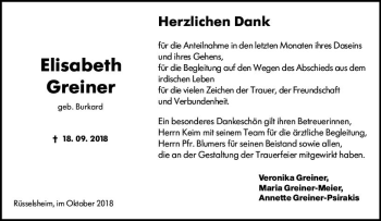 Traueranzeige von Elisabeth Greiner von vrm-trauer