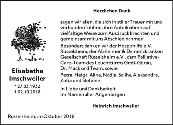 Traueranzeige von Elisabeth Imschweiler von vrm-trauer