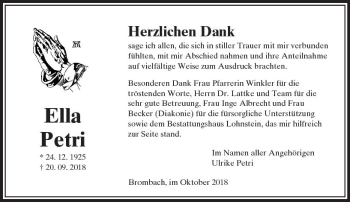 Traueranzeige von Ella Petri von  Usinger Anzeiger