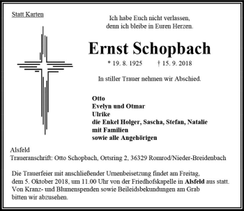 Traueranzeige von Ernst Schopbach von VRM Trauer