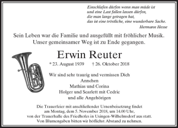 Traueranzeige von Erwin Reuter von  Usinger Anzeiger