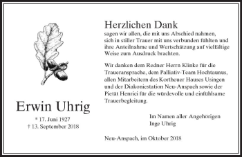 Traueranzeige von Erwin Uhrig von  Usinger Anzeiger Traueranzeige von Erwin Uhrig von  Usinger Anzeiger