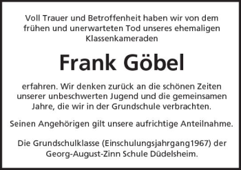 Traueranzeige von Frank Göbel von  Kreisanzeiger