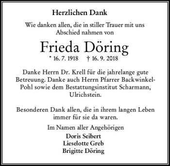 Traueranzeige von Frieda Döring von VRM Trauer