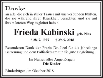 Traueranzeige von Frieda Kabinski von  Kreisanzeiger