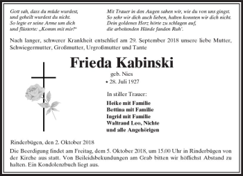 Traueranzeige von Frieda Kabinski von  Kreisanzeiger
