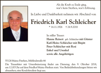 Traueranzeige von Friedrich Karl Schleicher von vrm-trauer