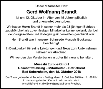 Traueranzeige von Gerd Wolfgang Brandt von vrm-trauer