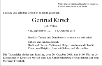 Traueranzeige von Gertrud Kirsch von  Gießener Anzeiger