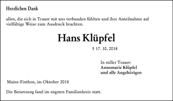 Traueranzeige von Hans Klüpfel von vrm-trauer