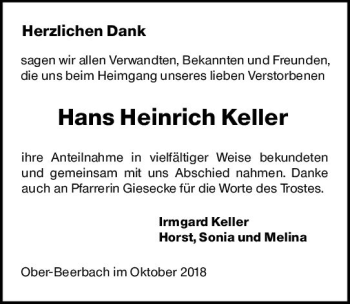 Traueranzeige von Hans Heinrich Keller von vrm-trauer