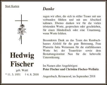 Traueranzeige von Hedwig Fischer von VRM Trauer