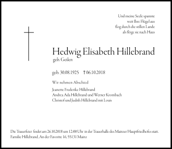 Traueranzeige von Hedwig Elisabeth Hillebrand von vrm-trauer