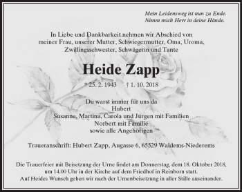 Traueranzeige von Heide Zapp von  Camberger Anzeiger