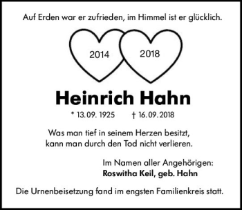 Traueranzeige von Heinrich Hahn von vrm-trauer