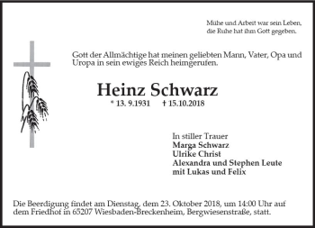 Traueranzeige von Heinz Schwarz von vrm-trauer
