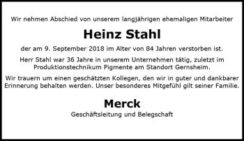 Traueranzeige von Heinz Stahl von vrm-trauer