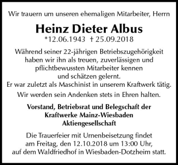 Traueranzeige von Heinz Dieter Albus von vrm-trauer