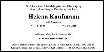 Traueranzeige von Helena Kaufmann von vrm-trauer
