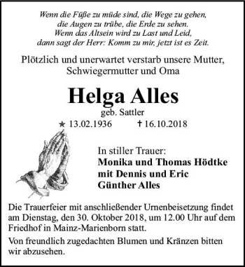 Traueranzeige von Helga Alles von vrm-trauer