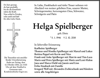 Traueranzeige von Helga Spielberger von VRM Trauer