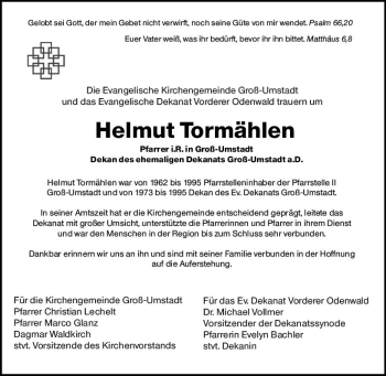 Traueranzeige von Helmut Tormählen von vrm-trauer