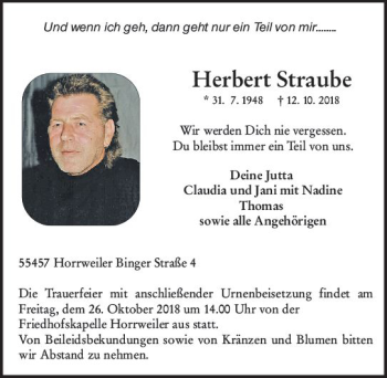 Traueranzeige von Herbert Straube von vrm-trauer