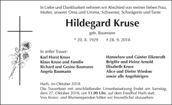 Traueranzeige von Hildegard Kruse von  Kreisanzeiger