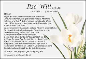 Traueranzeige von Ilse Will von  Usinger Anzeiger