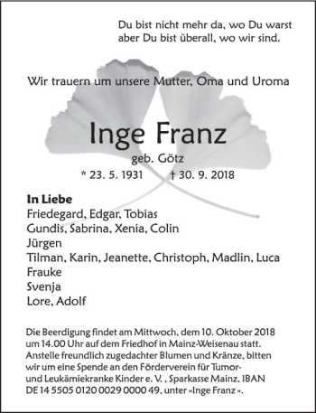 Traueranzeige von Inge Franz von vrm-trauer