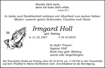 Traueranzeige von Irmgard Holl von vrm-trauer