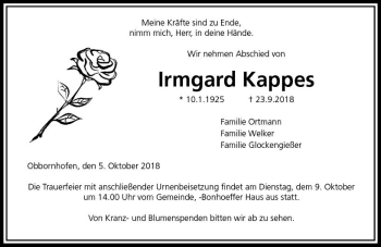 Traueranzeige von Irmgard Kappes von  Gießener Anzeiger