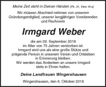 Traueranzeige von Irmgard Weber von  Kreisanzeiger