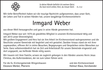 Traueranzeige von Irmgard Weber von  Kreisanzeiger