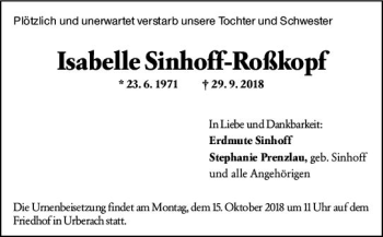 Traueranzeige von Isabelle Sinhoff-Roßkopf von vrm-trauer