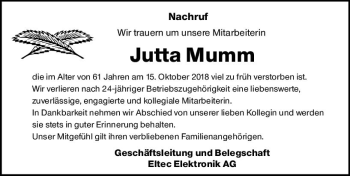 Traueranzeige von Jutta Mumm von vrm-trauer