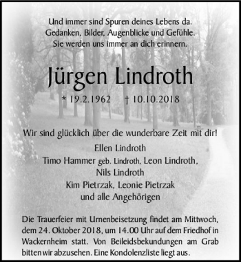 Traueranzeige von Jürgen Lindroth von vrm-trauer
