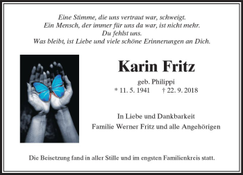 Traueranzeige von Karin Fritz von  Usinger Anzeiger