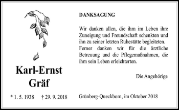 Traueranzeige von Karl-Ernst Gräf von  Gießener Anzeiger