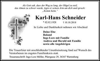 Traueranzeige von Karl-Heinz Schneider von VRM Trauer