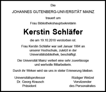 Traueranzeige von Kerstin Schläfer von vrm-trauer