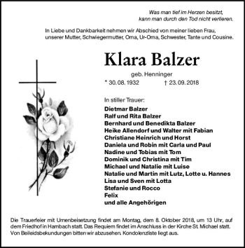 Traueranzeige von Klara Balzer von vrm-trauer
