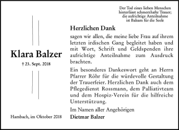 Traueranzeige von Klara Balzer von vrm-trauer